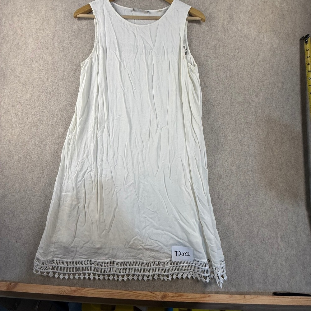 White Sleeveless Crochet Lace Trim Shift Mini Dress Round Neck Boho Summer